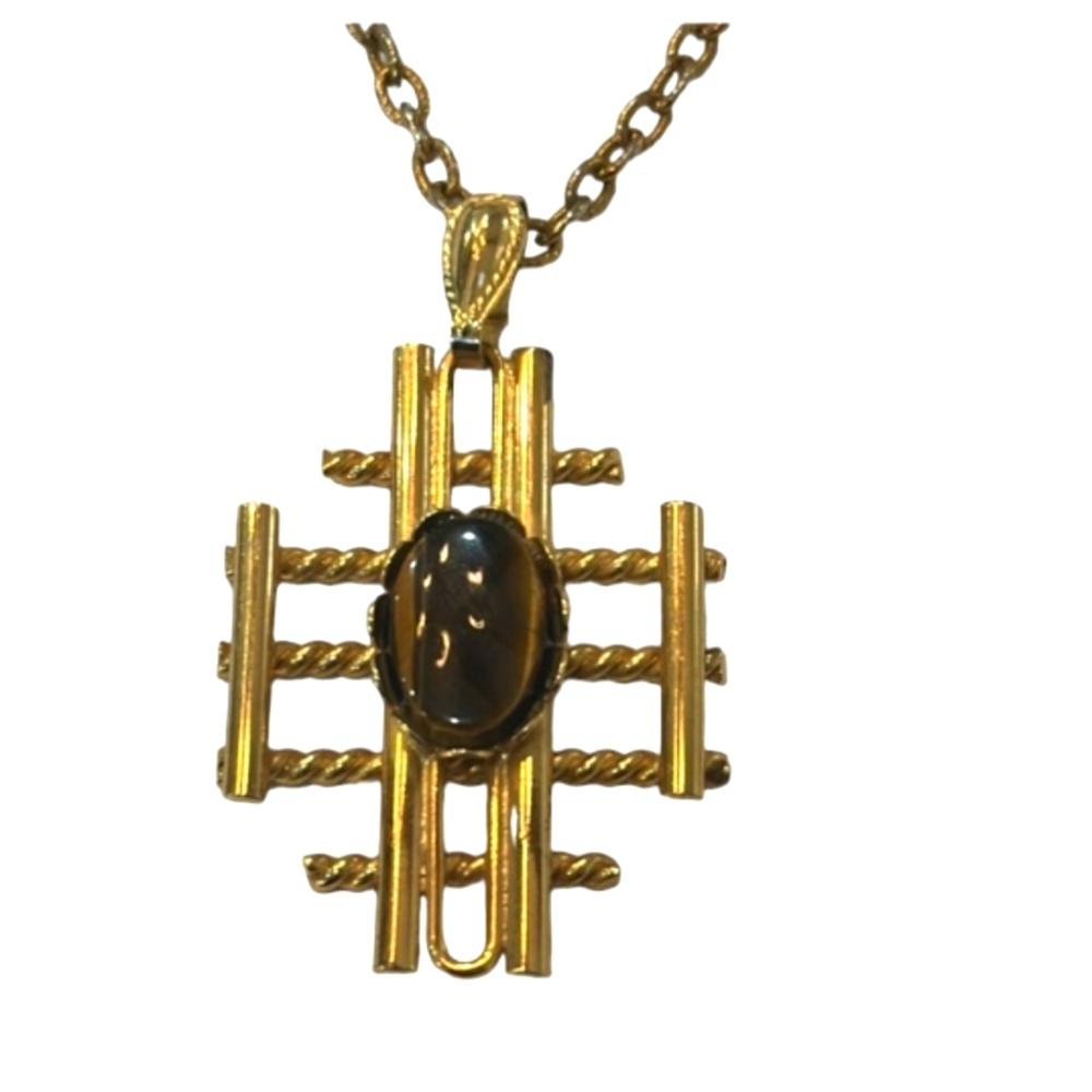 TIGERS‎ EYE CROSS GOLD TONE NECKLACE